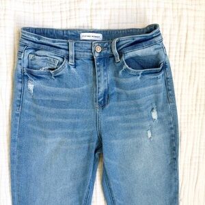 Flying Monkey High Rise Kick Flare Jeans Raw Hem Distressed Light Wash 29